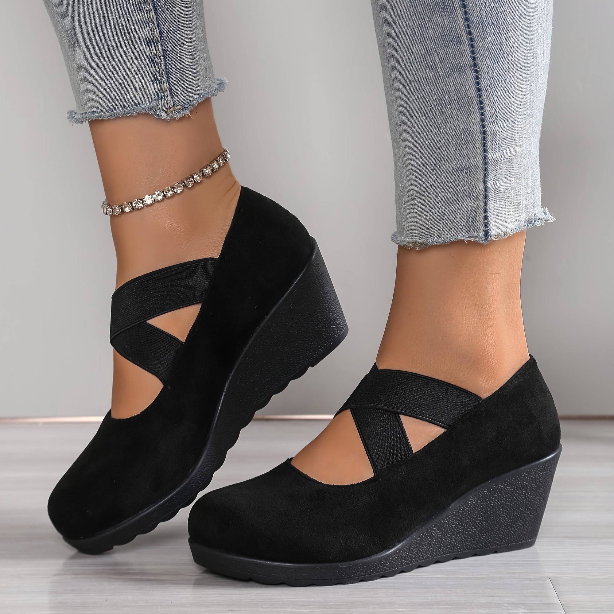 Women Slip-On Wedge Shoes Black Breathable Fabric All-Season Comfort