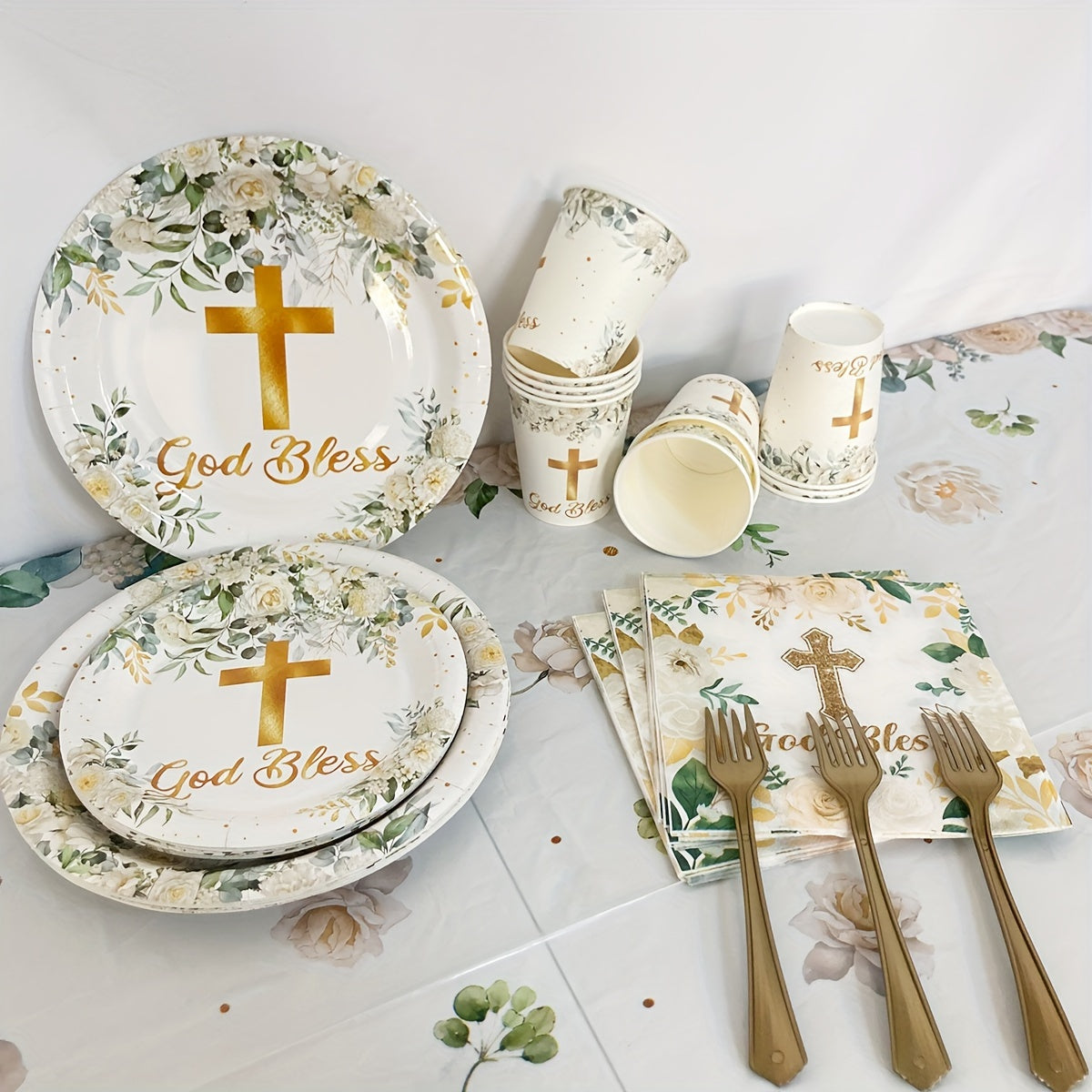 White Baptism Watercolor Leaf Disposable Tableware Set 20 Pieces for Party Decor