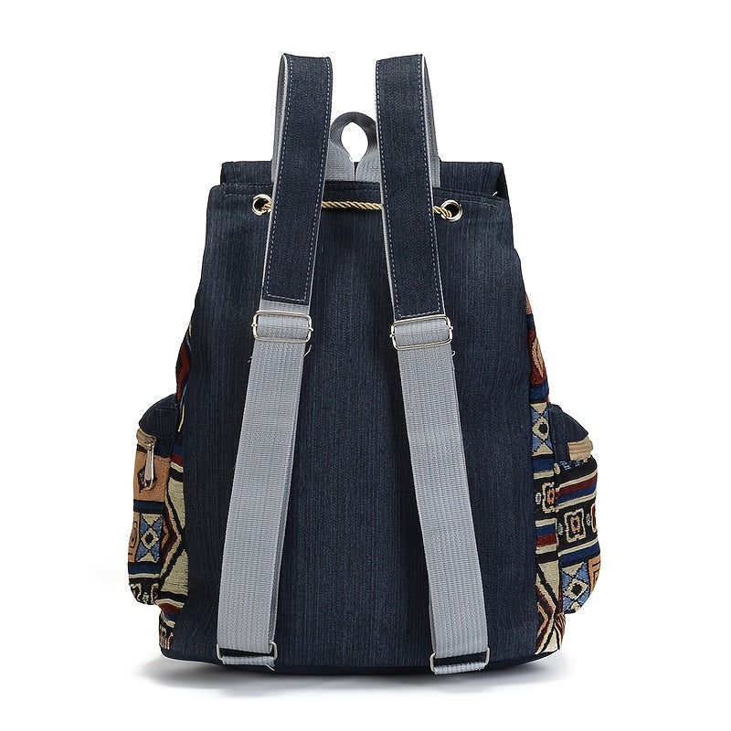Women's Denim Backpack with Geometric Tribal Pattern Adjustable Straps Large Capacity Blue Brown