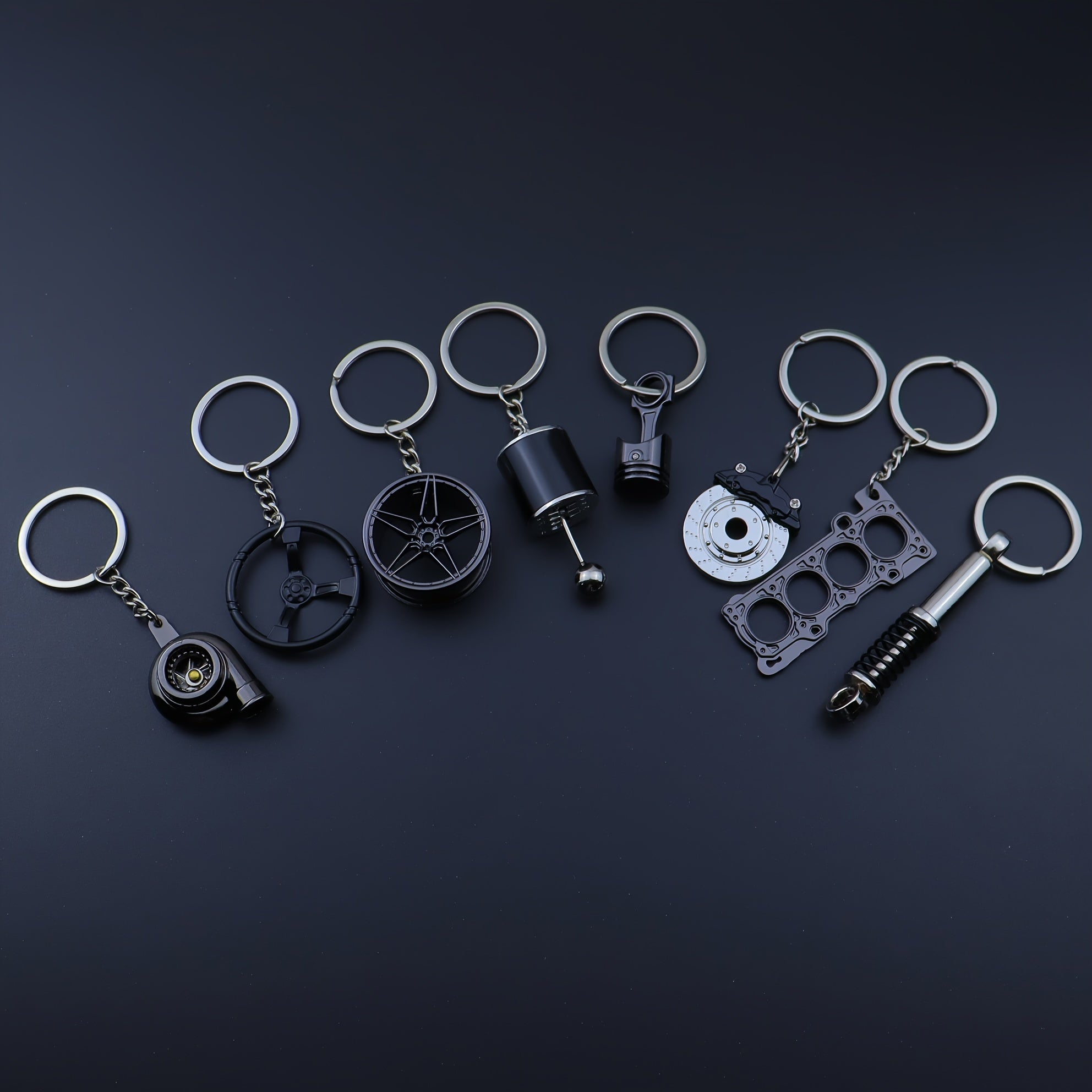 Car Enthusiast Keychain Set - 8 Black Zinc Alloy Engine Component Keychains