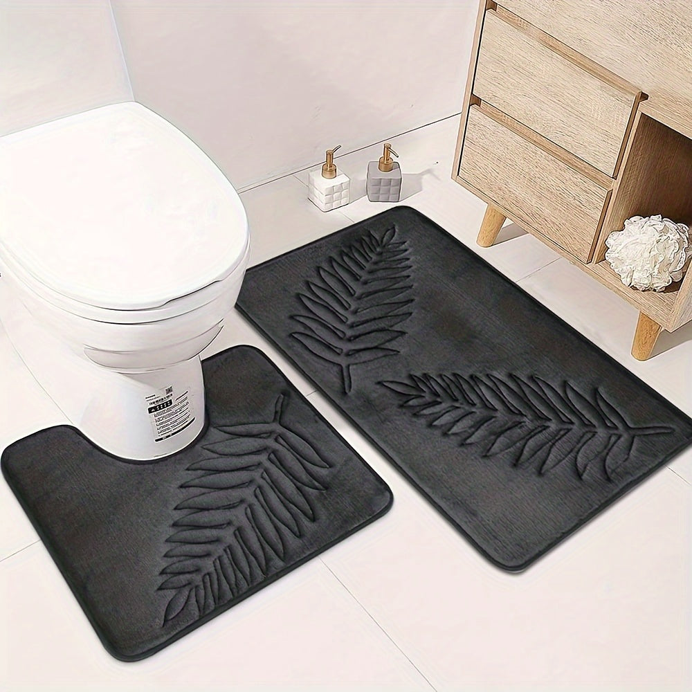 2-Piece Plush Memory Foam Bathroom Mats Non-Slip Absorbent Fern Leaf Design