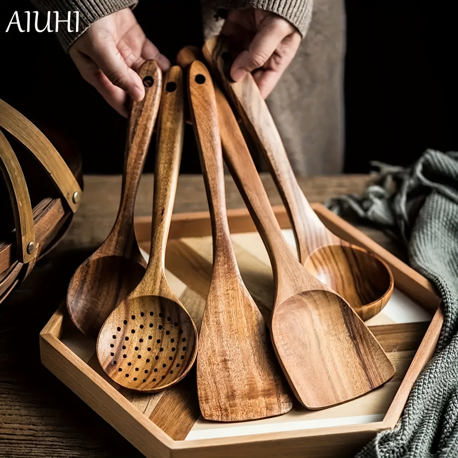Juego de 5 piezas de utensilios de cocina de madera, espátula, cuchara, wok, espátulas, utensilios antiadherentes