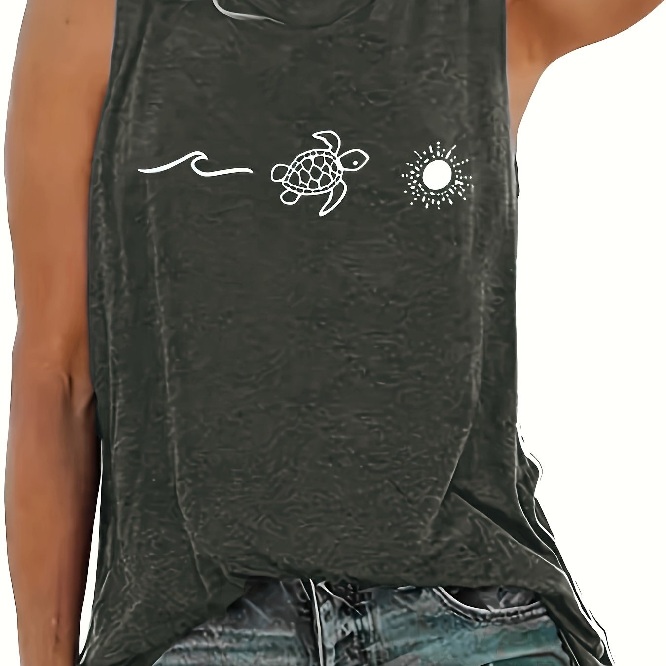 Plus Size Women's Cotton Turtle Neck Sun Print Tank Top