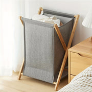 Wood Frame Laundry Basket with Foldable Waterproof Material Large Capacity Organizer for Bedroom Bathroom Dorm