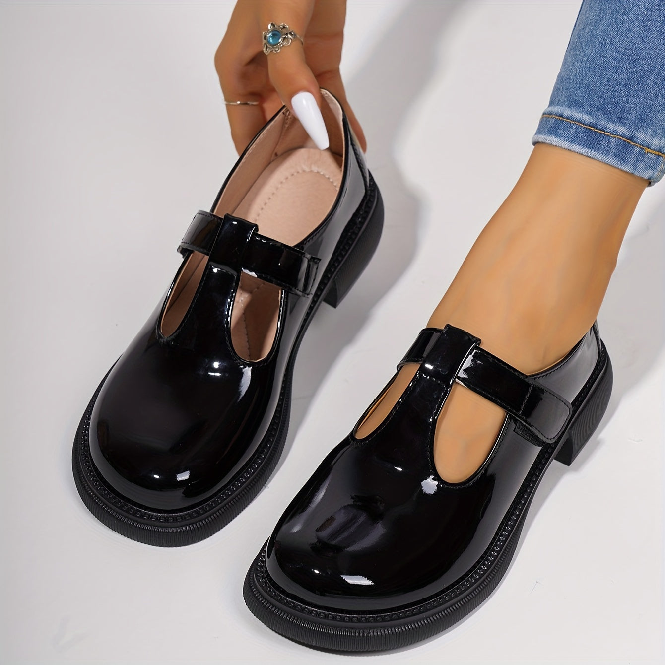 Women's Black Mary Jane Flats Leather Loafers with Round Toe and Rubber Sole