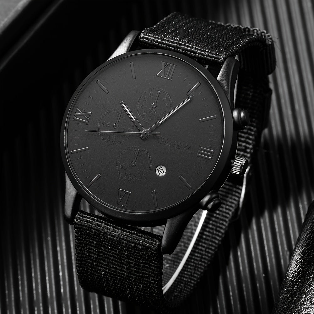 Men's Watch Set Black Nylon Strap Casual Industrial Style Round Dial Quartz Watch with 3 Bracelets