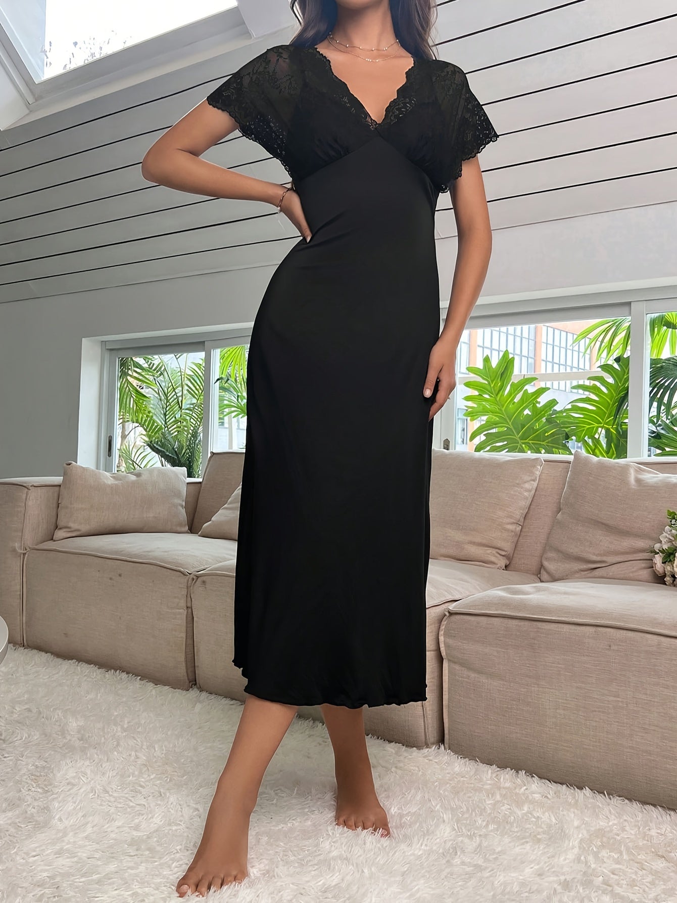 Plus Size Women's Lace V-Neck Sleep Dress Cap Sleeve Nightdress