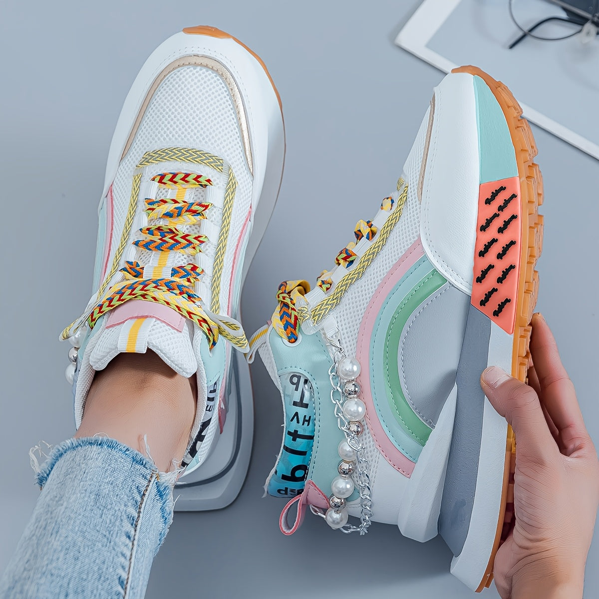 Women’s Fashion Sneakers with Colorful Laces and Bead Embellishments