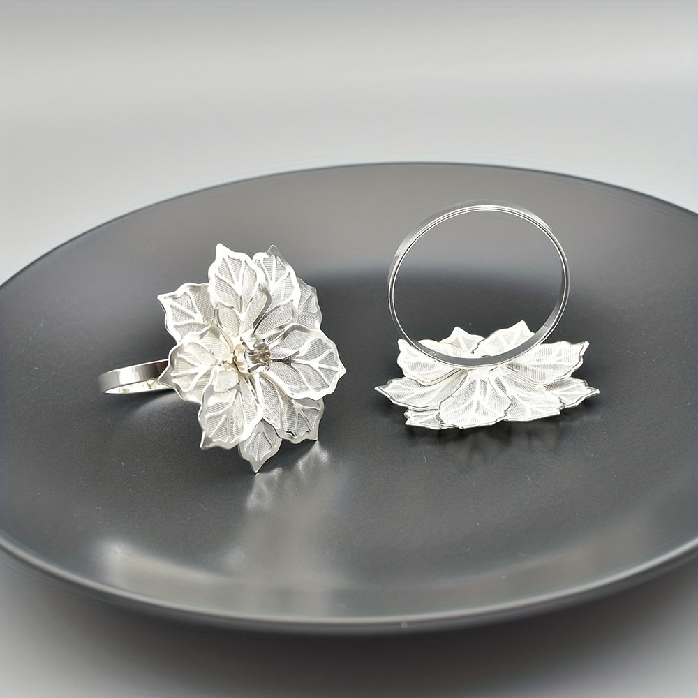 Set of 6 Silver Flower Napkin Rings for Dinner Table Decor