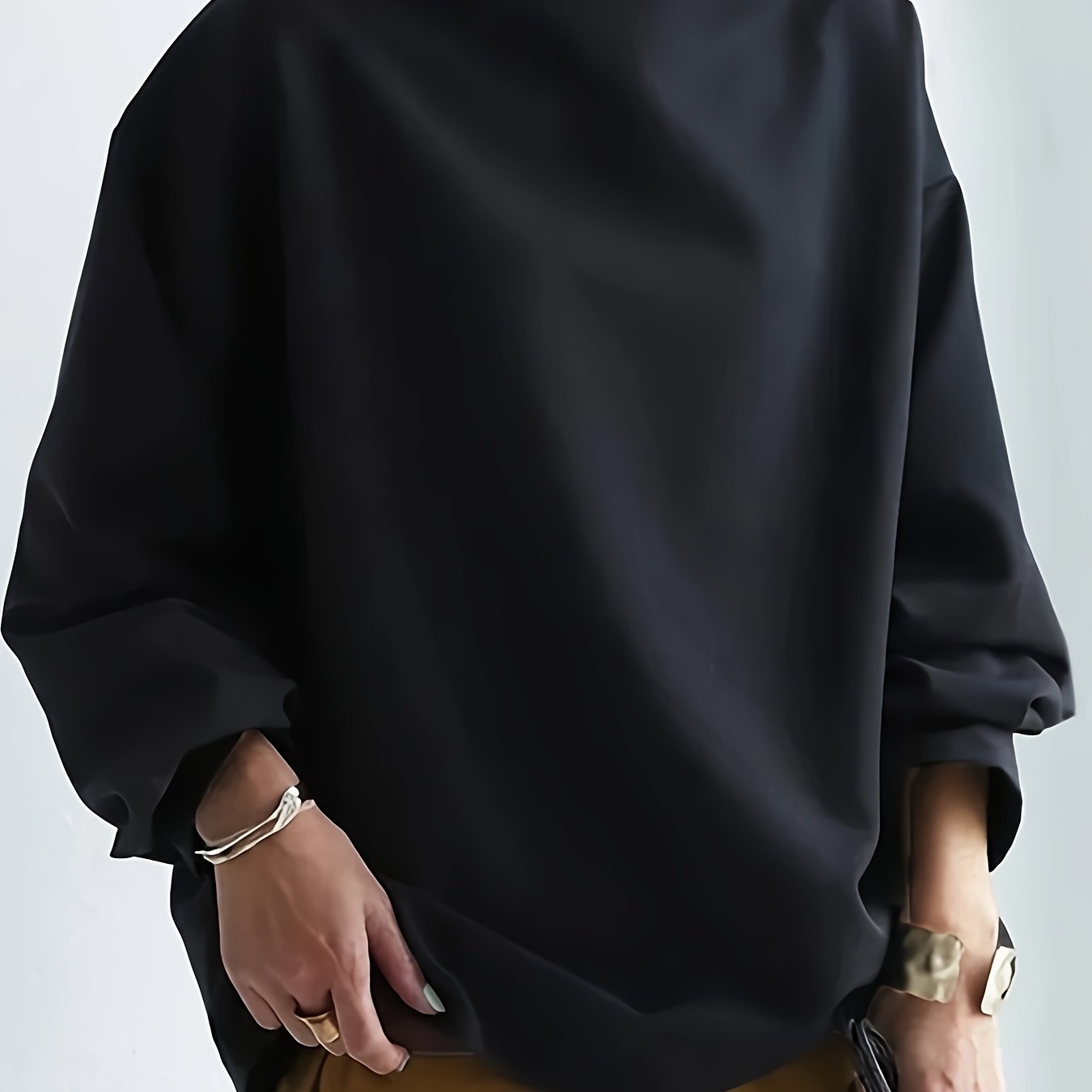 Plus Size Women's Black High-Neck Pullover Sweatshirt Casual Fall Winter