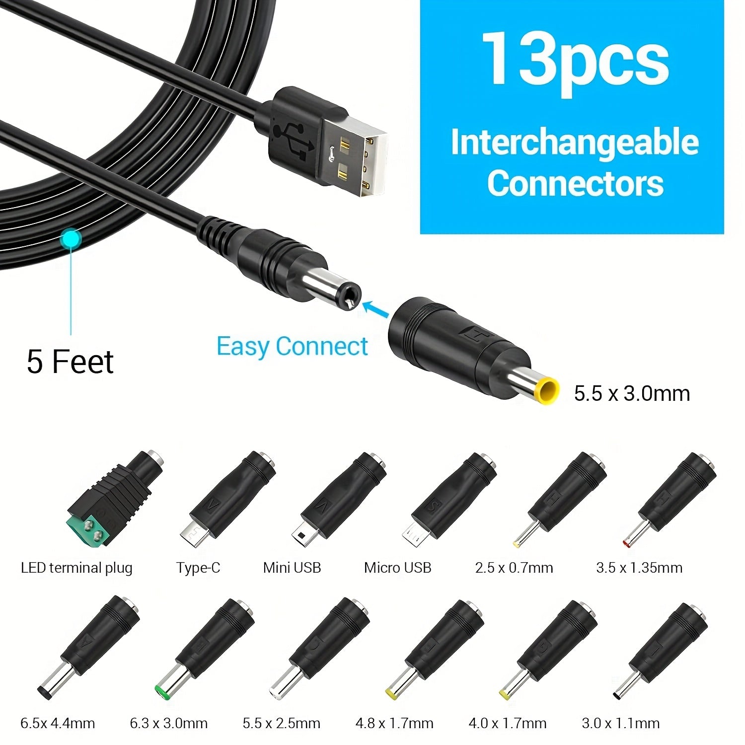 13pcs Universal Power Adapter with USB Cable and Connectors for Most Devices