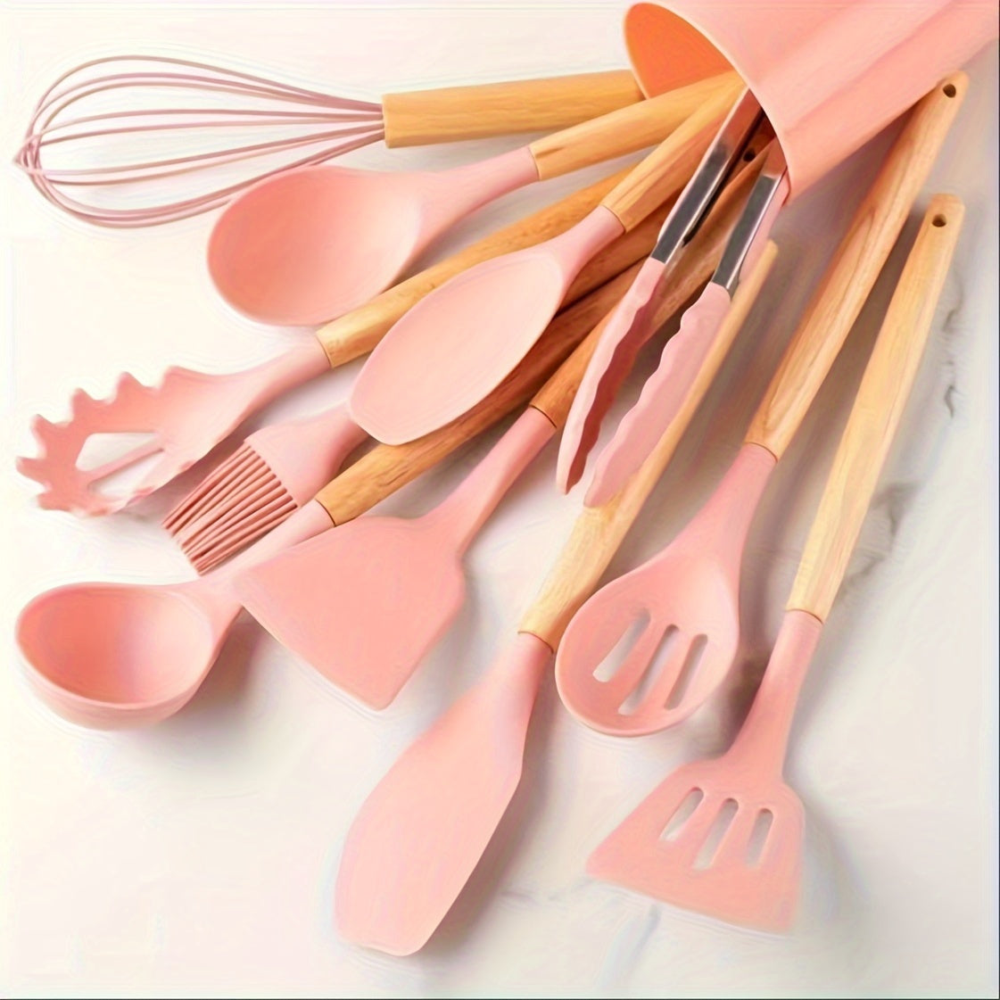 Juego de 12 utensilios de silicona para cocina con mangos de madera, antiadherente, kaki