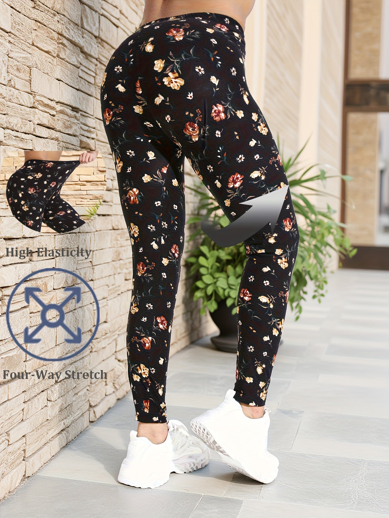 Plus Size Women's Yoga Leggings High-Waisted Floral Stretch Tummy Control Black