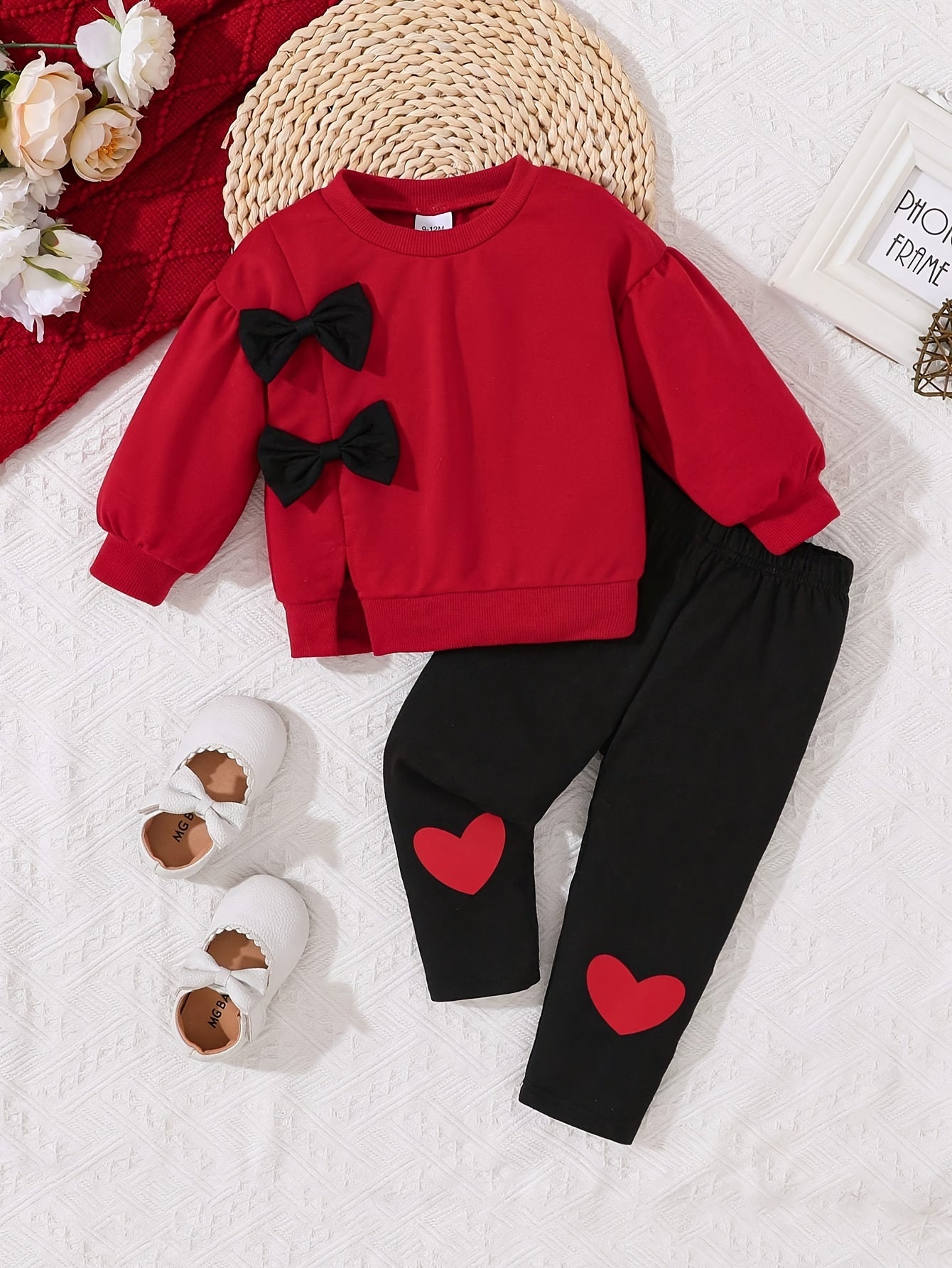 Girls' Knit Sweatshirt and Heart Print Pants Set for Fall Winter Casual