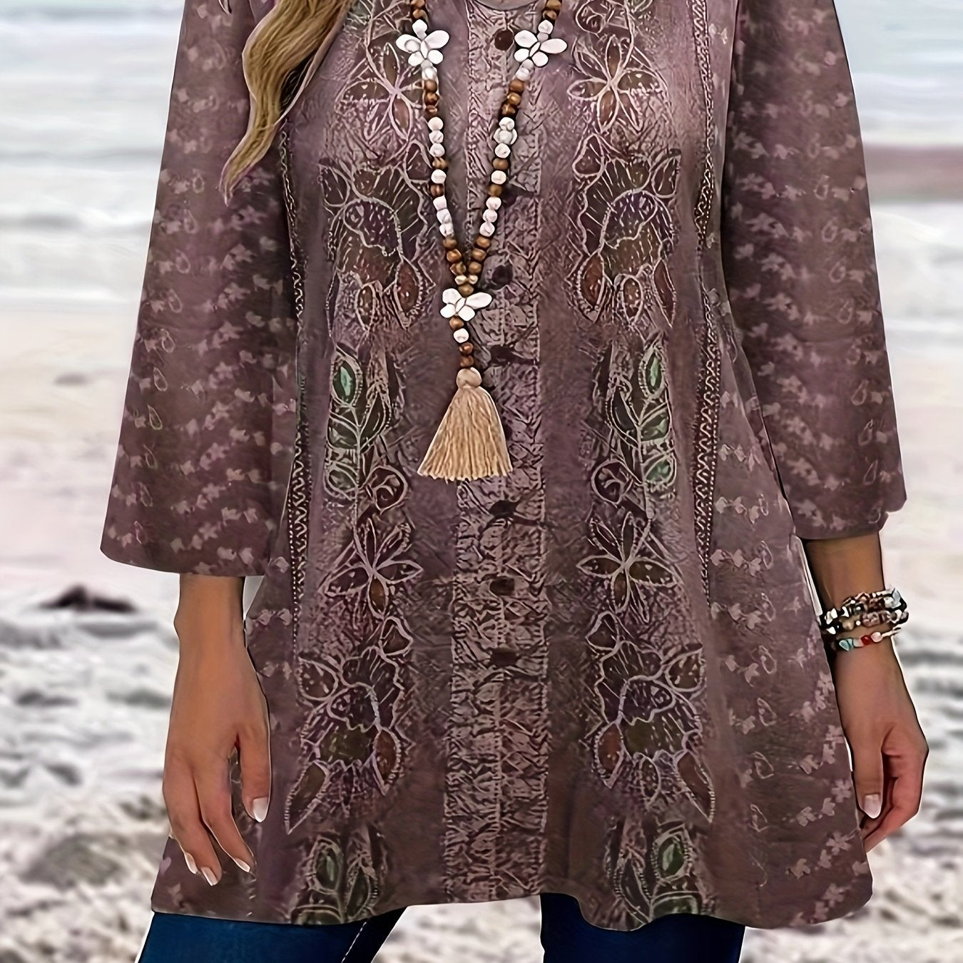 Women's Boho Chic V-Neck Tunic Top Long Sleeve Floral Print Plus Size