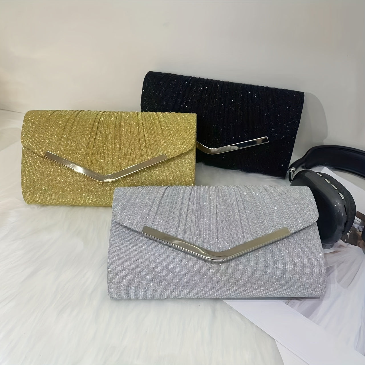 Women's Glitter Fabric Envelope Clutch Bag with Removable Strap for Weddings and Parties