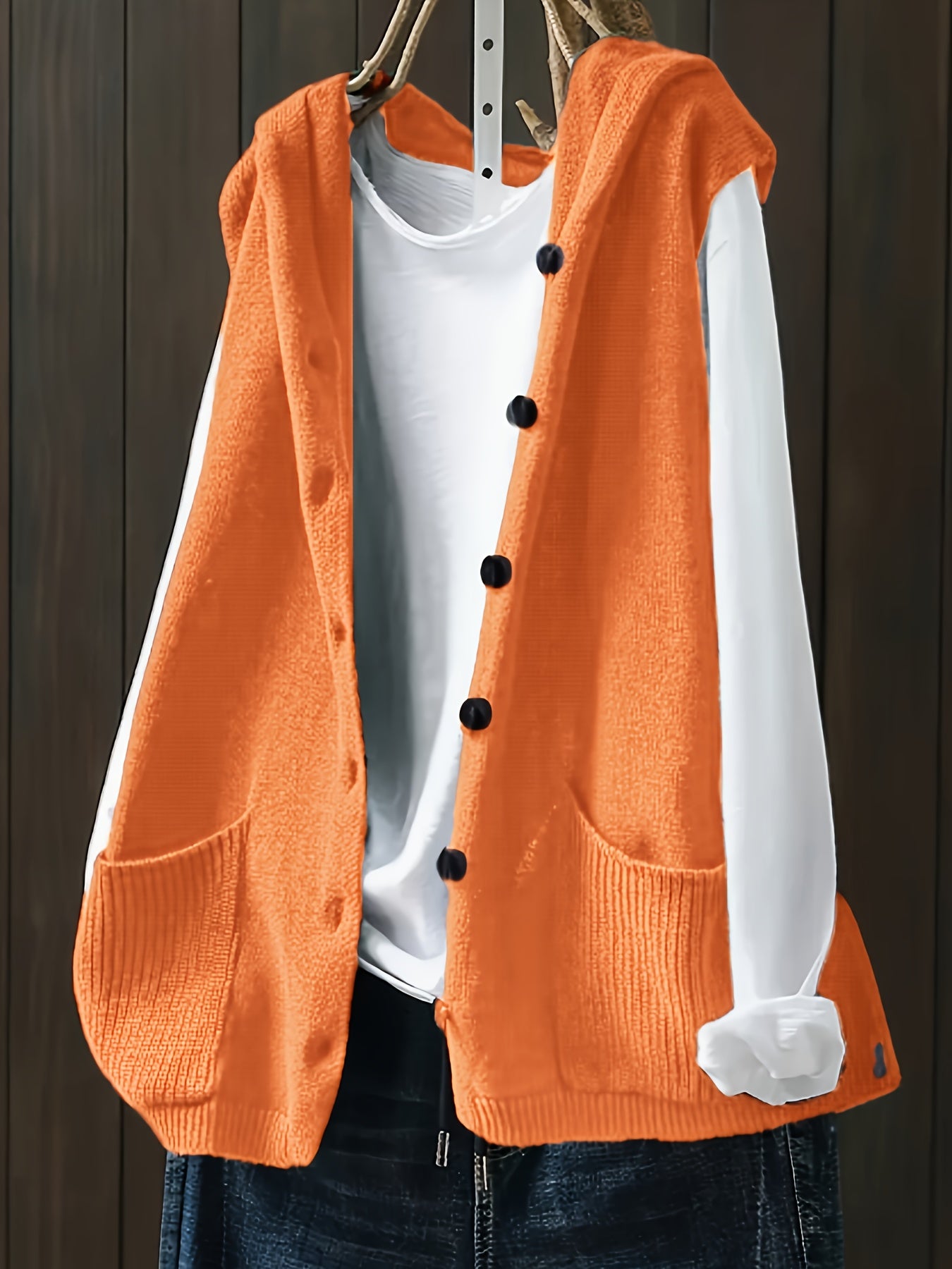 Women's Sleeveless Sweater Vest with Pockets and Double Button Front Orange