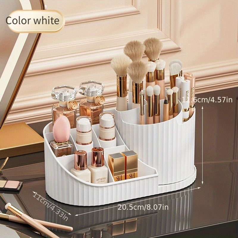 360° Rotating Makeup Organizer Plastic Compact Storage for Brushes Lipsticks Skincare Stationery White Pink Cream