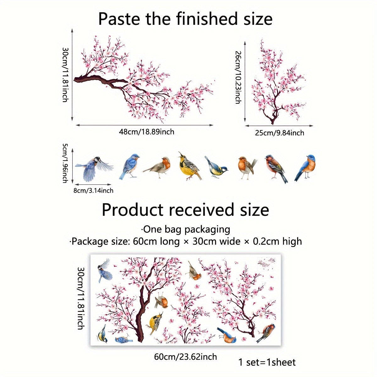 Dual-Sided Pink Floral Bird Glass Window Clings Reusable Decorative Stickers