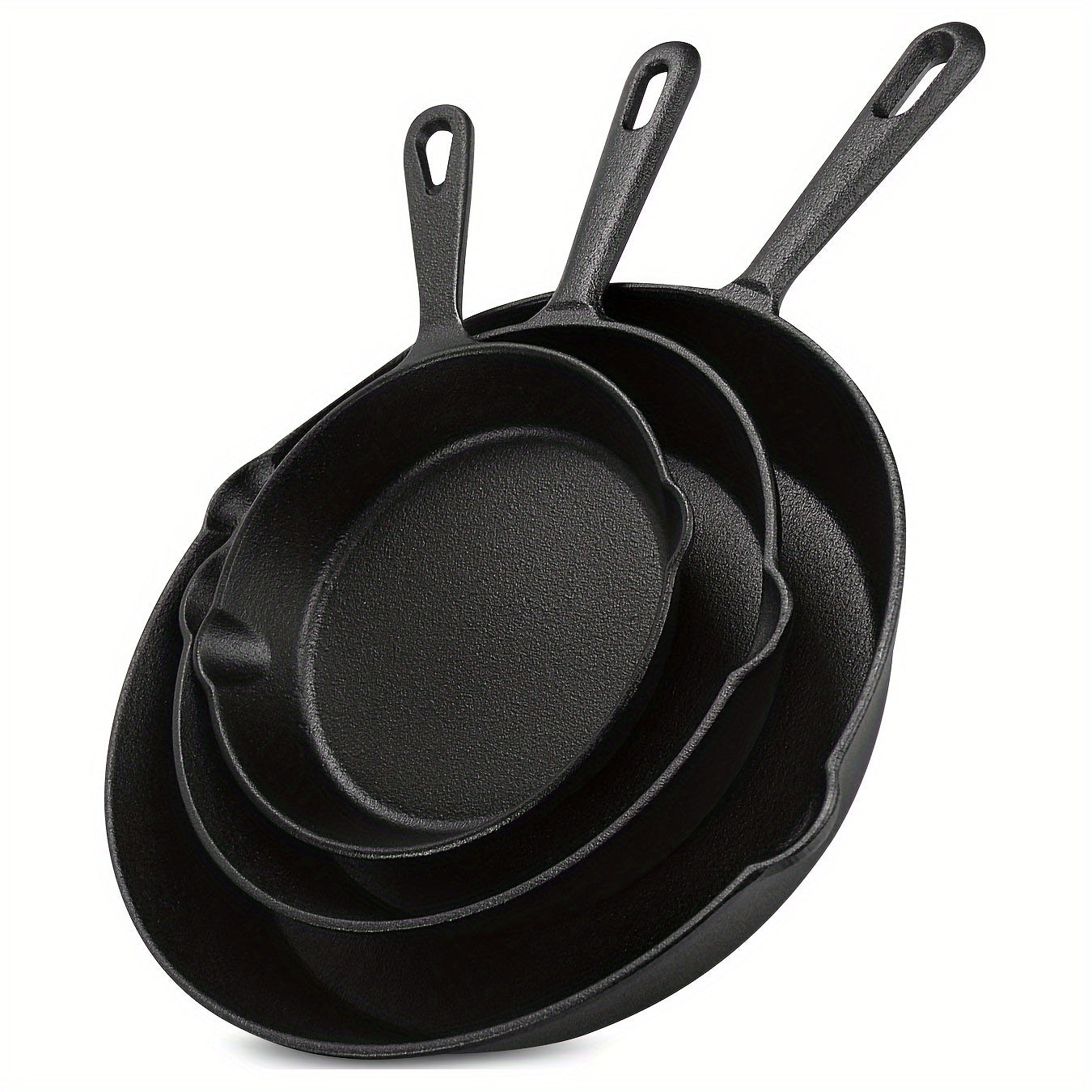 Set of 3 Cast Iron Skillets Non-Stick Coating Multi-Purpose Cookware with Pouring Spout