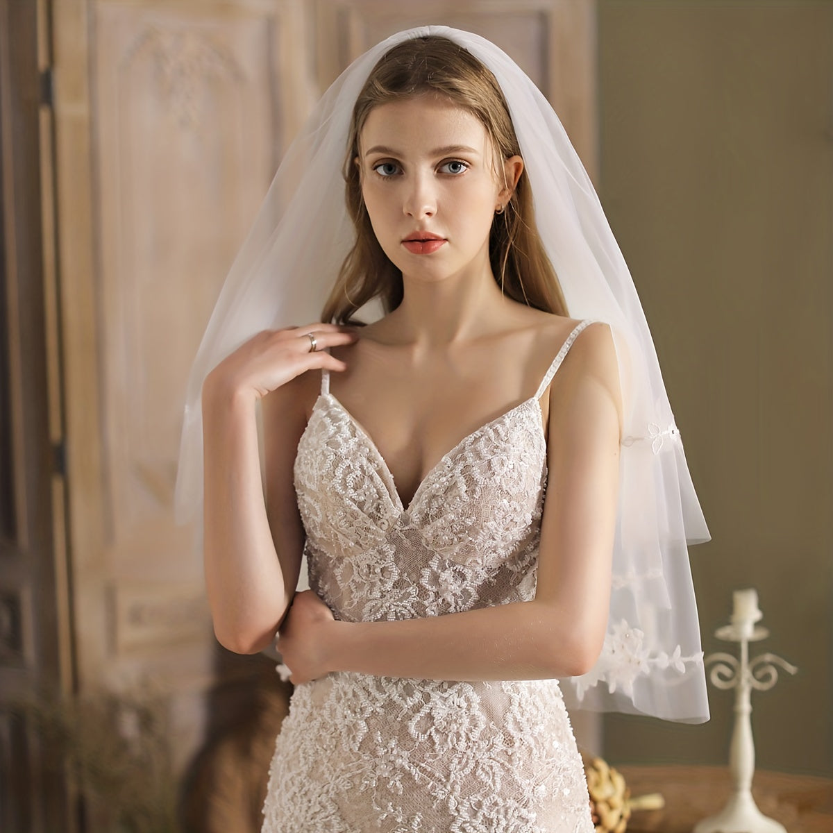 Princess Cathedral Wedding Veil with Flower Lace Mesh 2 Layer Bridal Accessory