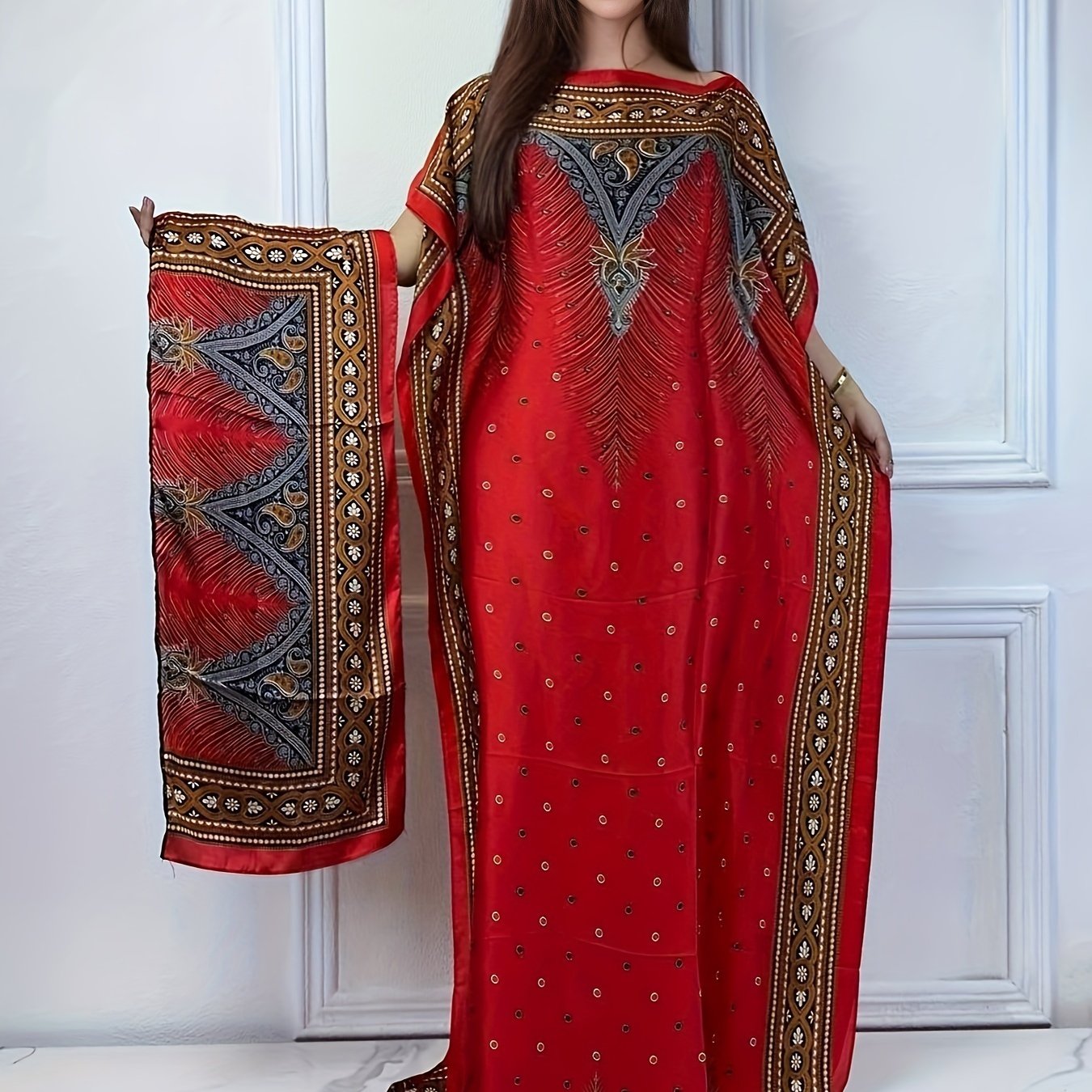 Women's Floral Print Abaya Maxi Dress Boat Neck Batwing Sleeves Red Black Gold