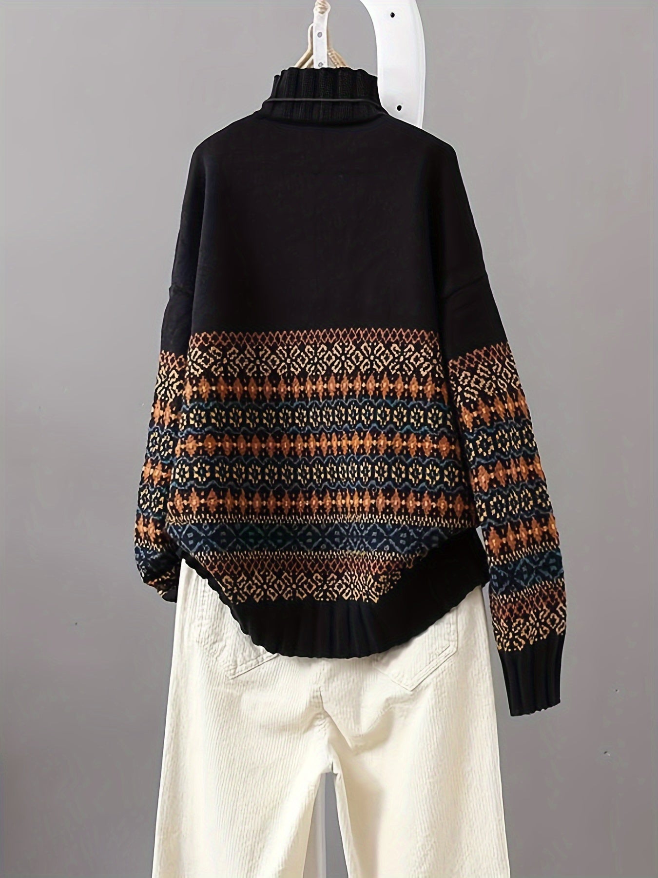 Suéter de talla grande para mujer con patrón geométrico, manga larga, cuello alto y estilo pullover