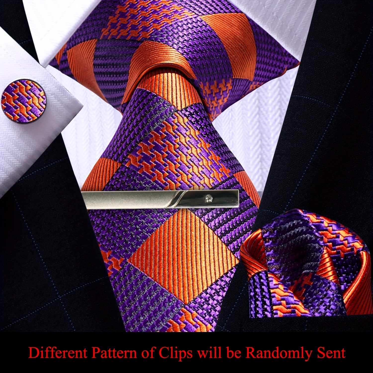 Men's Plaid Tie Pocket Square Cufflinks and Clip Set