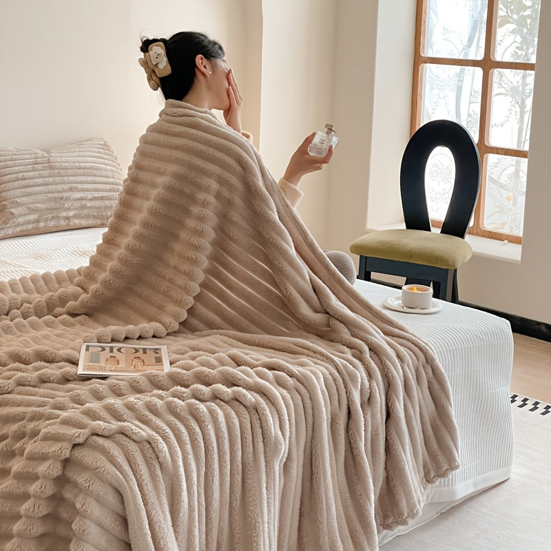 Solid Color Striped Rabbit Fur Throw Blanket with Flannel Fleece for Warmth