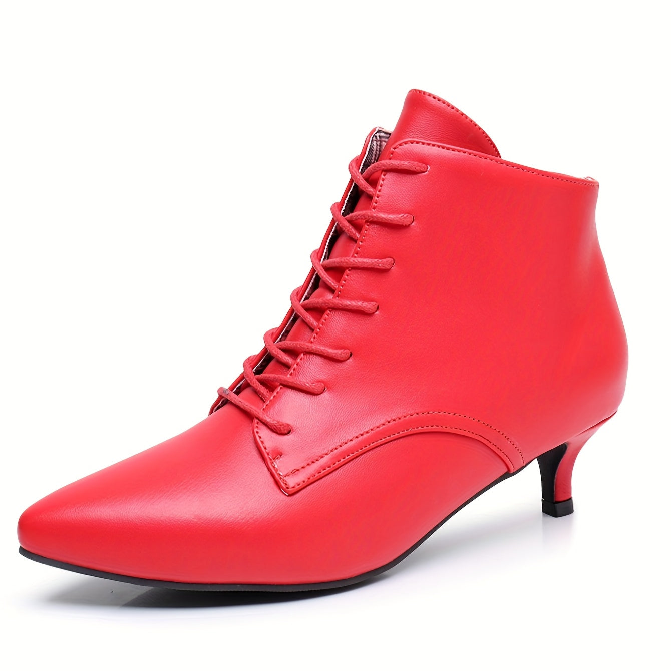 Women's White Pointed Toe Mid-Heel Ankle Boots Lace-Up Faux Cover Rubber Sole