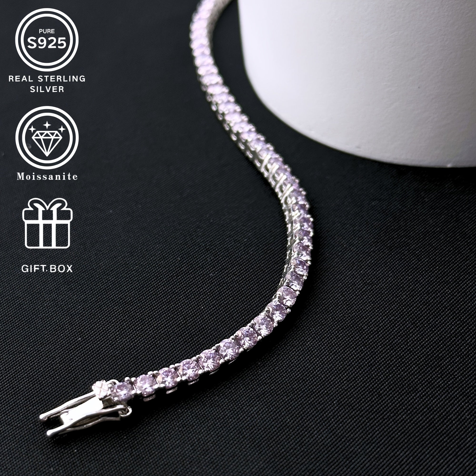 Pink Sparkling Moissanite Silver Bracelet 9.6G Elegant Jewelry Gift