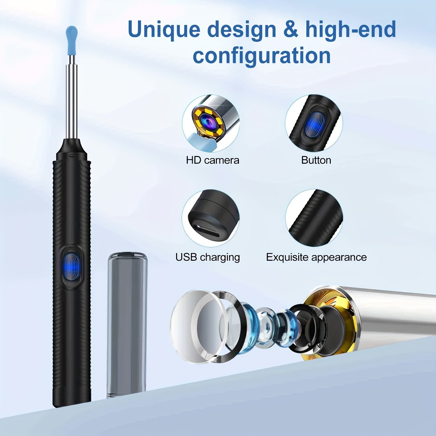 USB orqali zaryadlanadigan LED quloq mumini olib tashlash to'plami, litiy polimer batareyasi, vizual quloq tozalash vositasi, uyda foydalanish uchun bir nechta ucliklar va cho'tkalar.