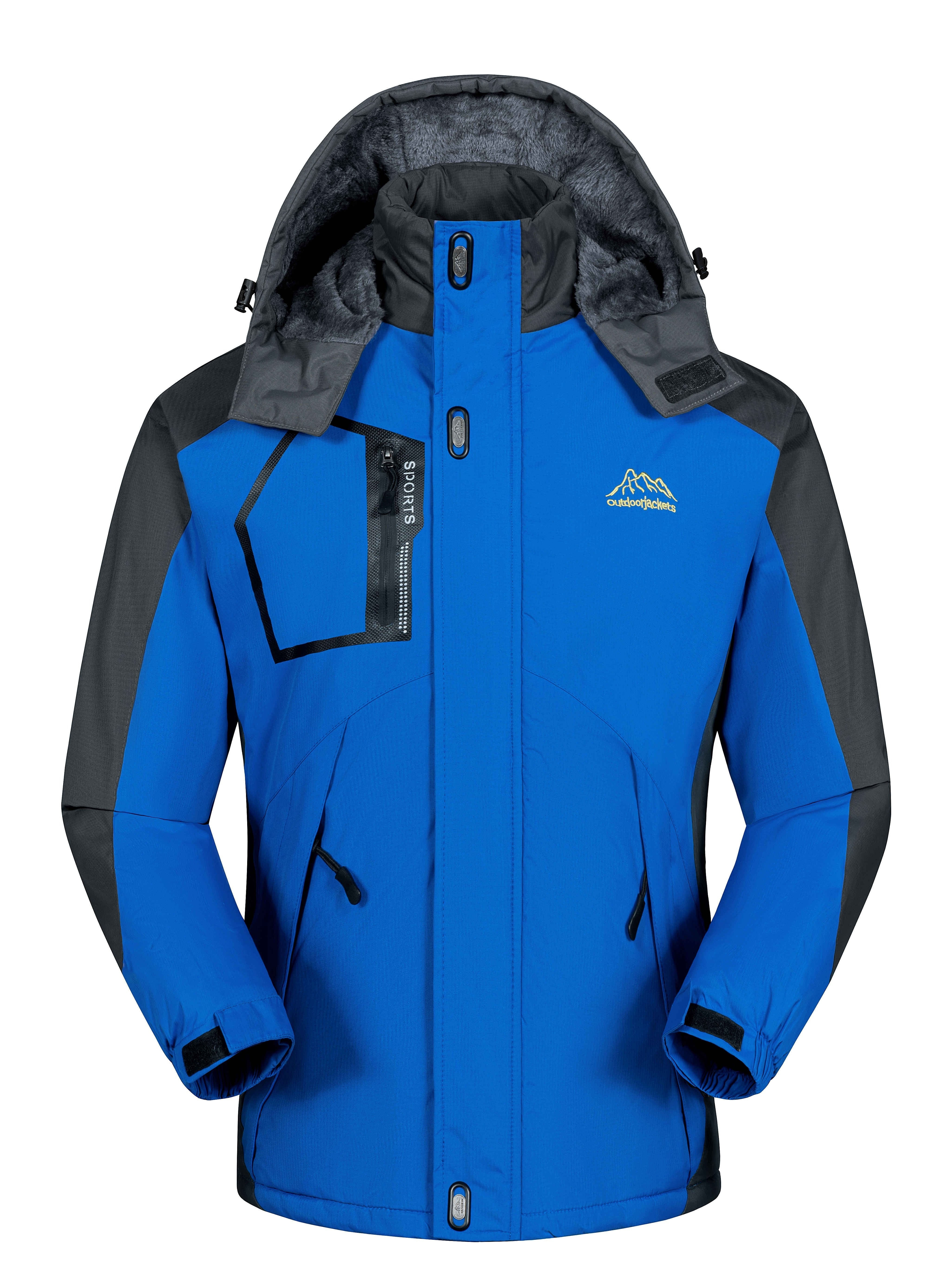 Men's Insulated Waterproof Windbreaker Jacket Fleece-Lined Hooded Zipper Pockets Black Gray Winter Casual