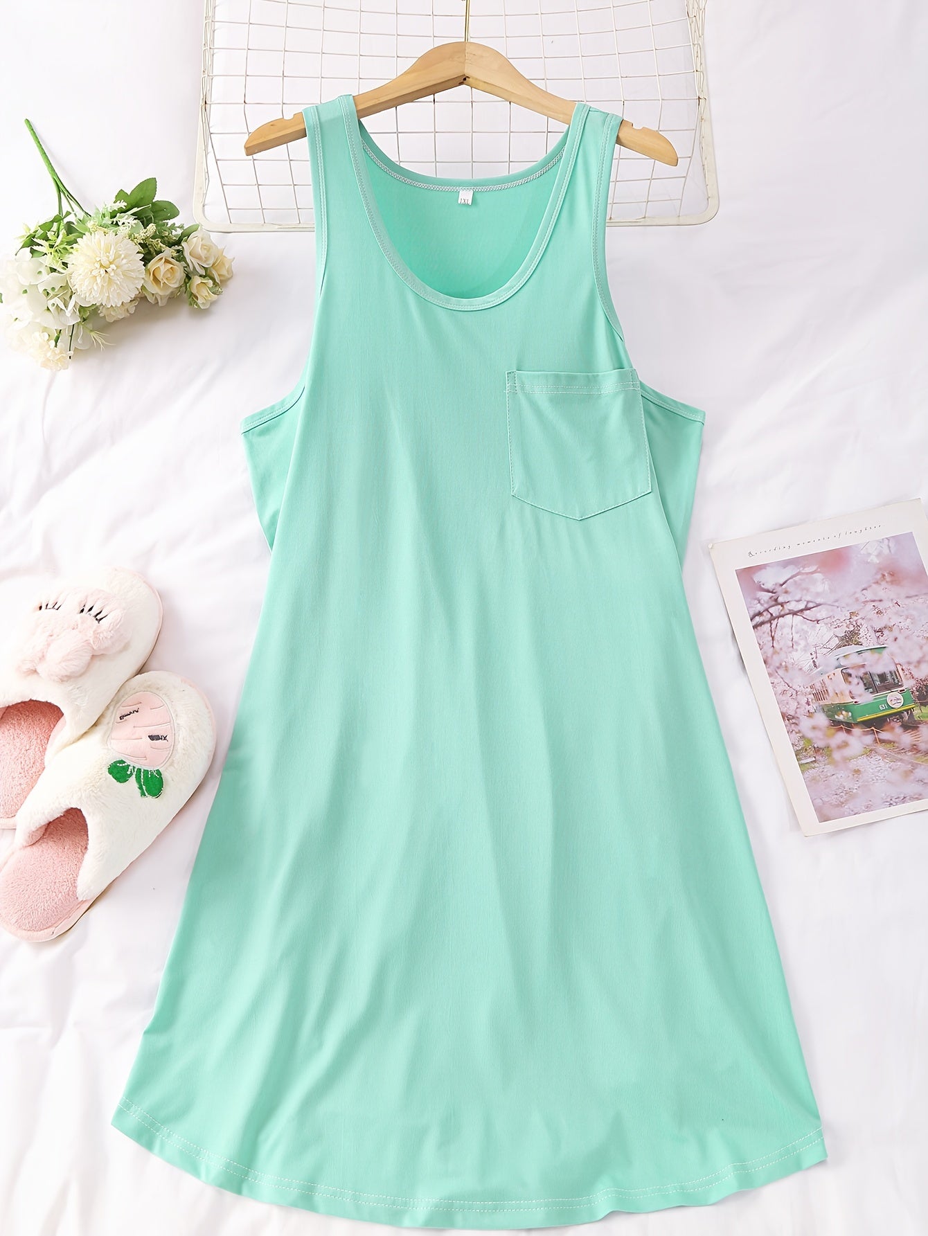 Women's Cotton Solid Color Nightgown Set with Chest Pockets