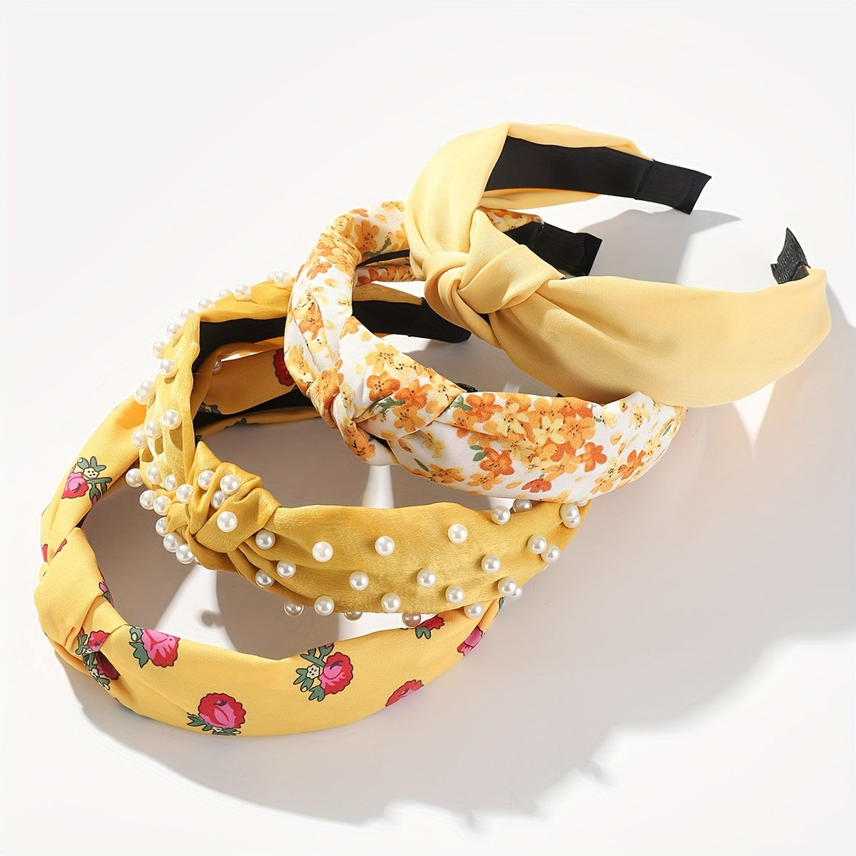 Set of 4 Wide Brim Headbands with Faux Pearl Accents, Knotted Design, Floral Print for Women