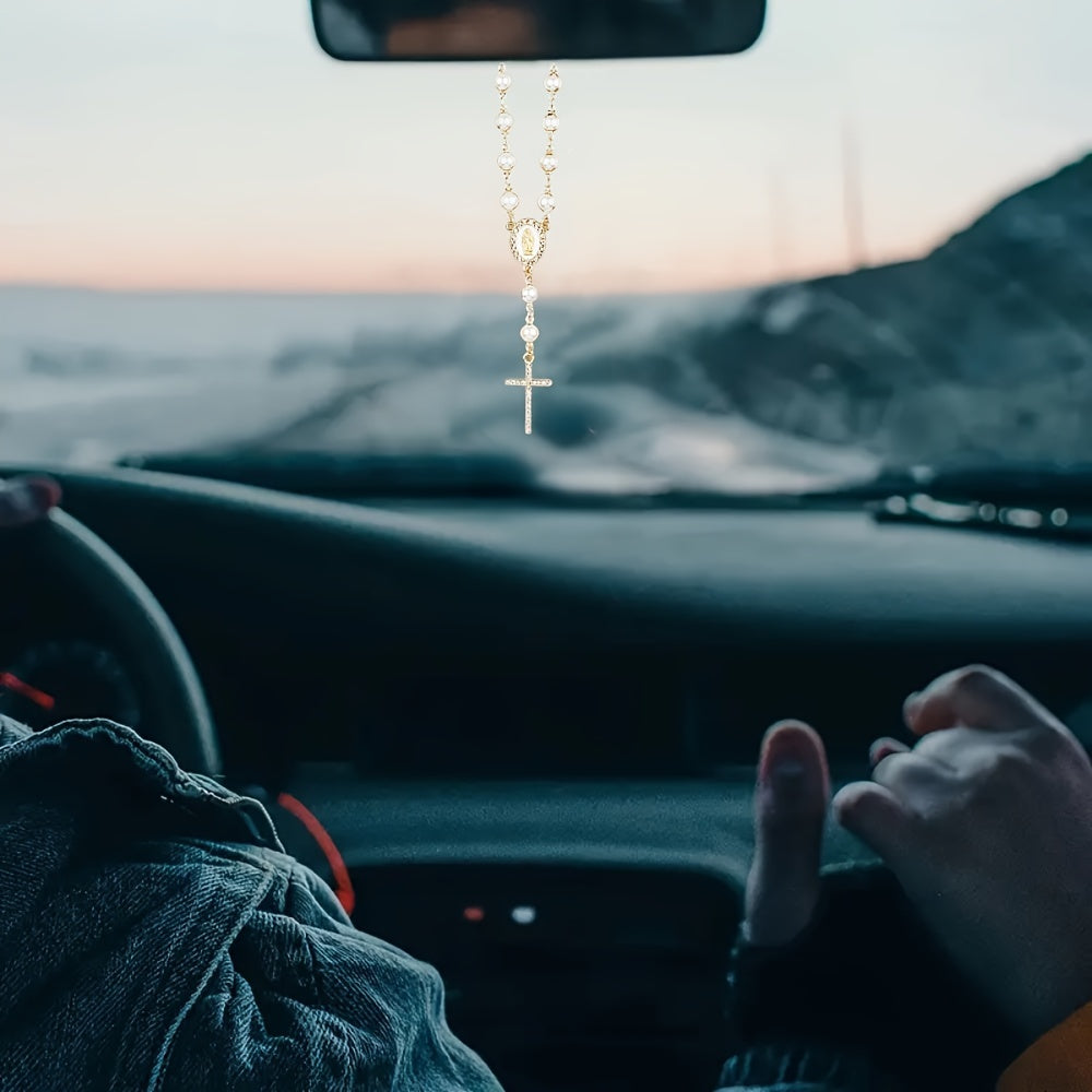 Umumiy foydalanish uchun mo'ljallangan, sun'iy marjonli Maryam Xochi Rosary Bead Avtomobil uchun lampa ichki aksessuari