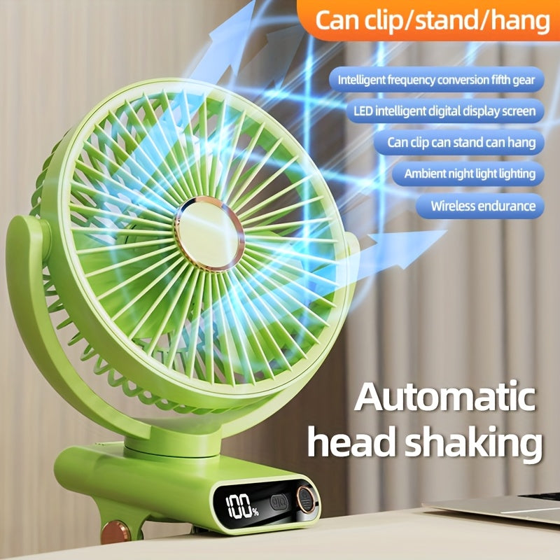 Portable Clip-On Desk Fan with 360° Rotation USB Rechargeable Night Light Oscillating