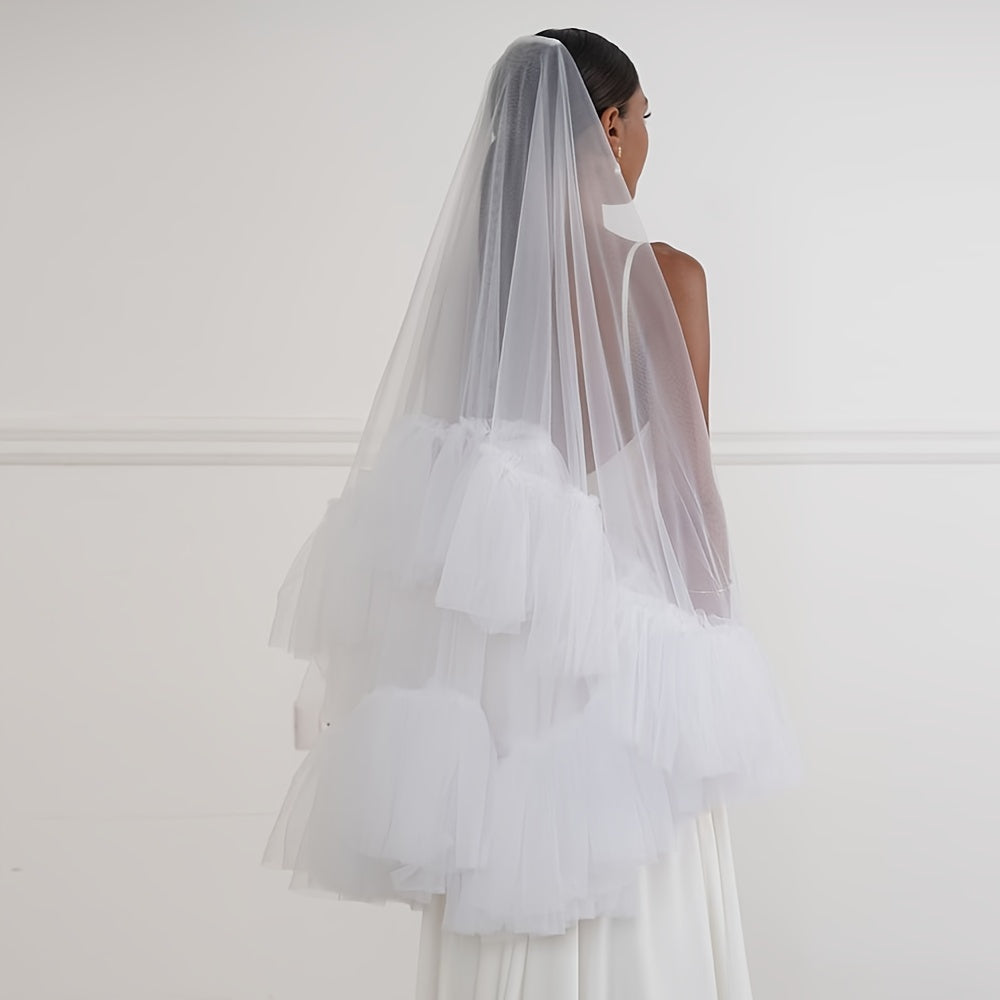 Velo de novia con borde de volante y detalle de borla, diseño de volante en capas, lavable a mano