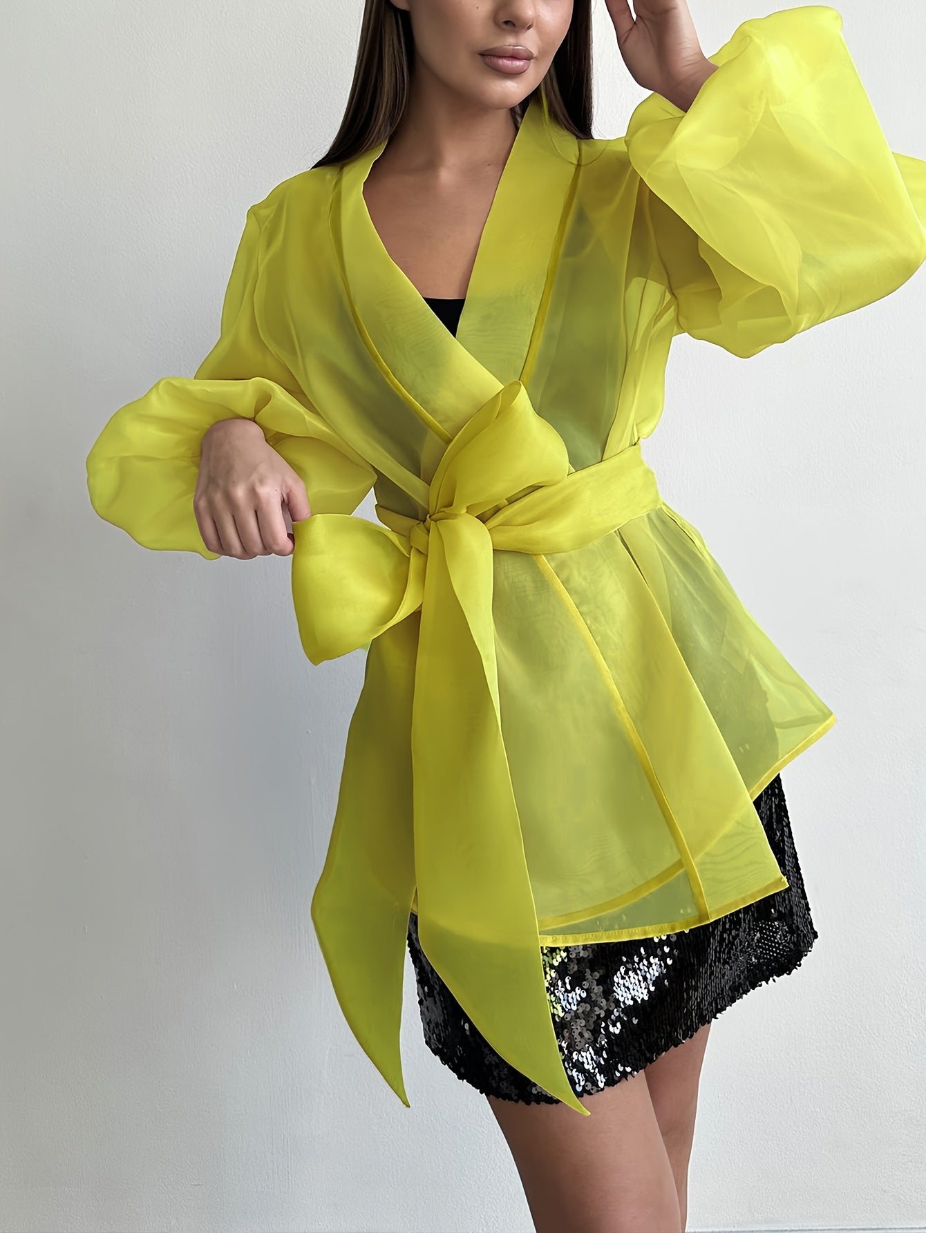 Plus-Size Women's Sheer Mesh Kimono Cardigan with Butterfly Bow Bubble Sleeves Polyester All Seasons