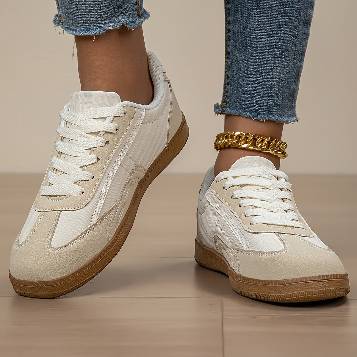 Women's Casual Sneakers Breathable Mesh Non-Slip Low-Top Beige White