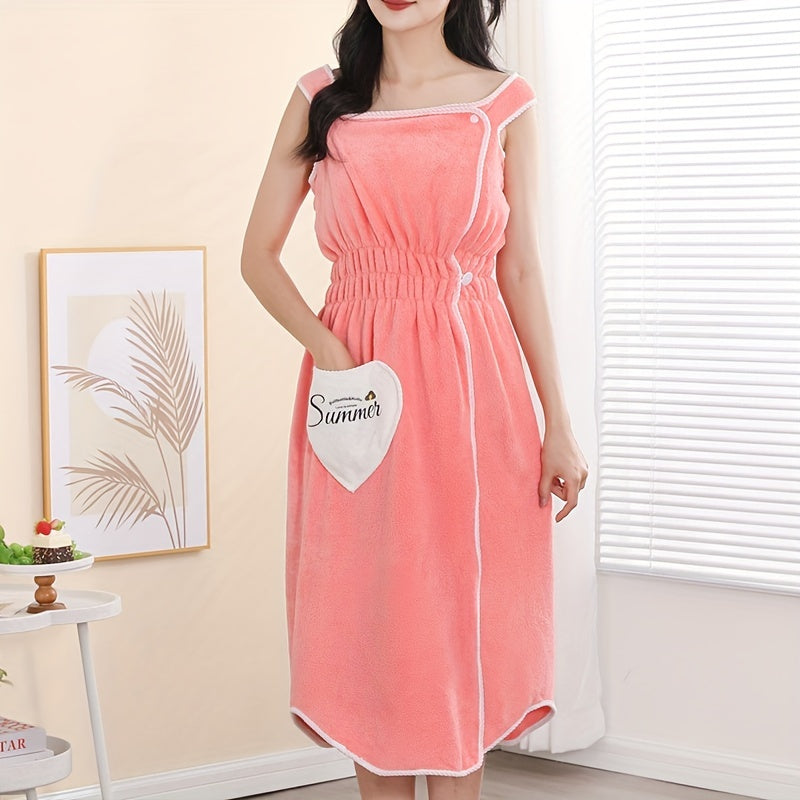 Adult Coral Fleece Wearable Bath Towel with Heart Pocket and Elastic Waistband Absorbent Non-Shedding