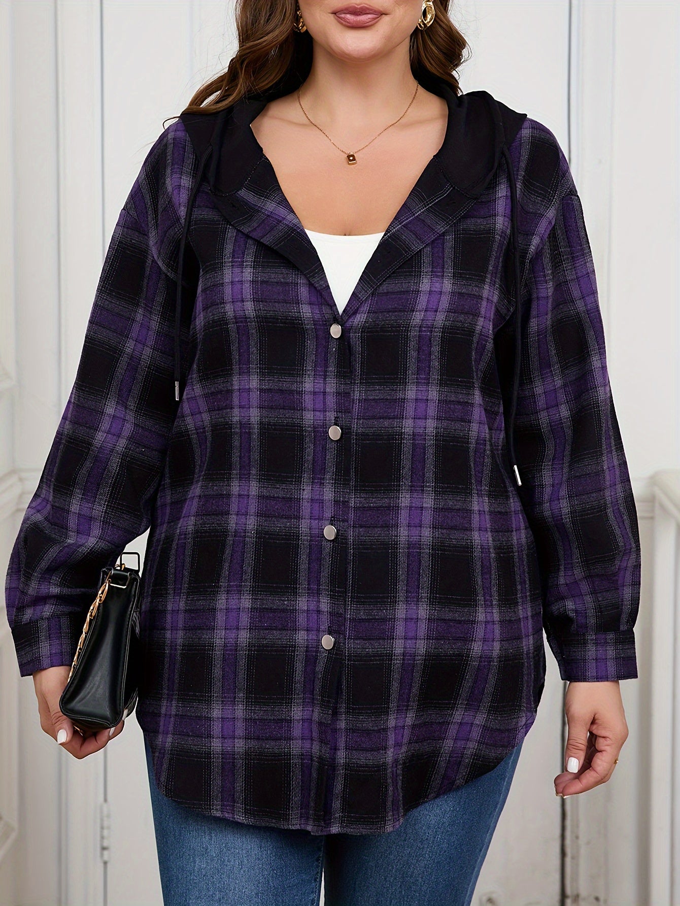 Plus Size Womens Casual Plaid Hooded Shirt Long Sleeve Button Top
