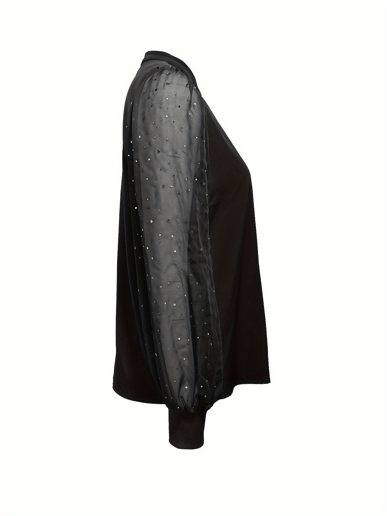 Women's Mesh Lounge Top with Rhinestone Decor Lantern Sleeves Fall Sleepwear Loungewear