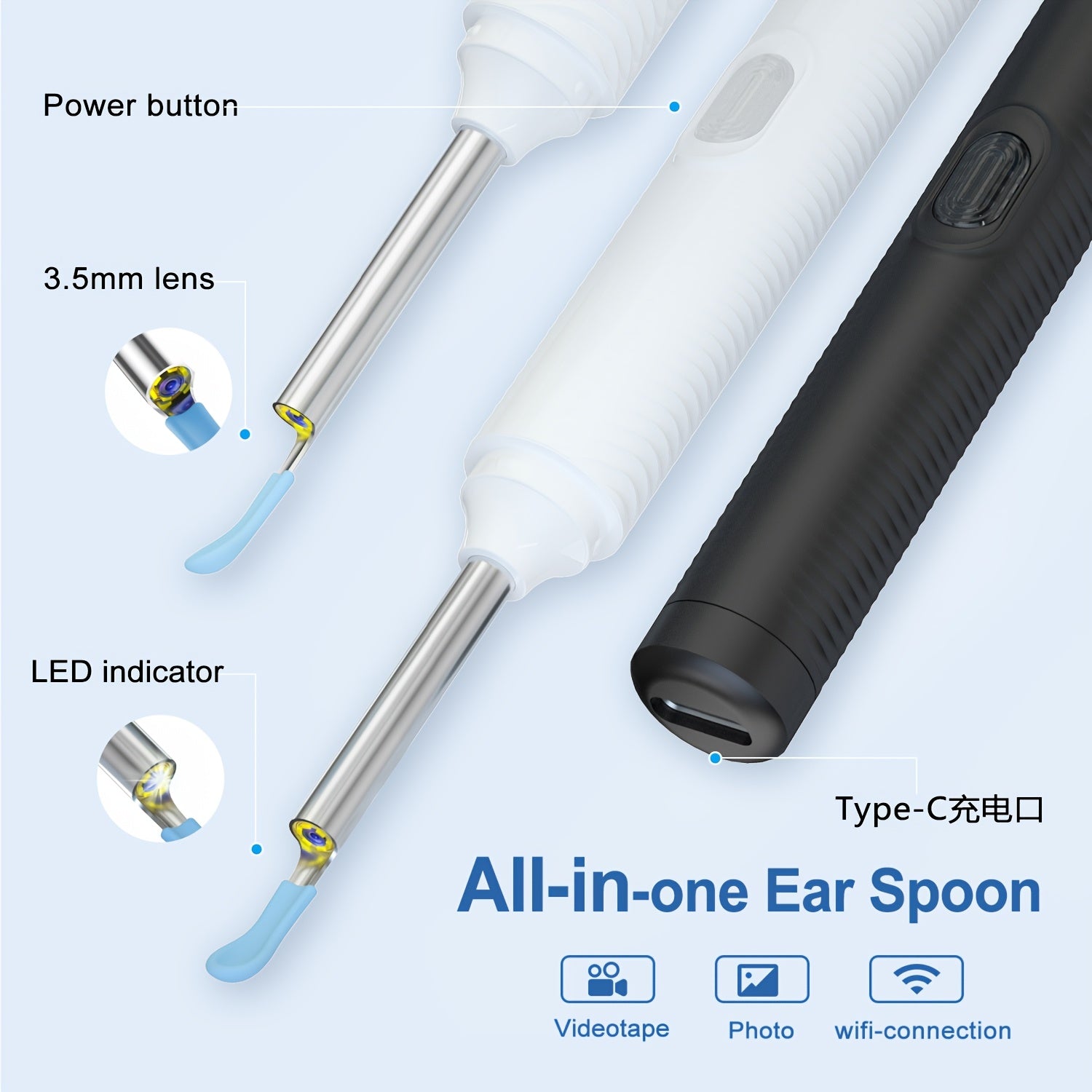 USB orqali zaryadlanadigan LED quloq mumini olib tashlash to'plami, litiy polimer batareyasi, vizual quloq tozalash vositasi, uyda foydalanish uchun bir nechta ucliklar va cho'tkalar.