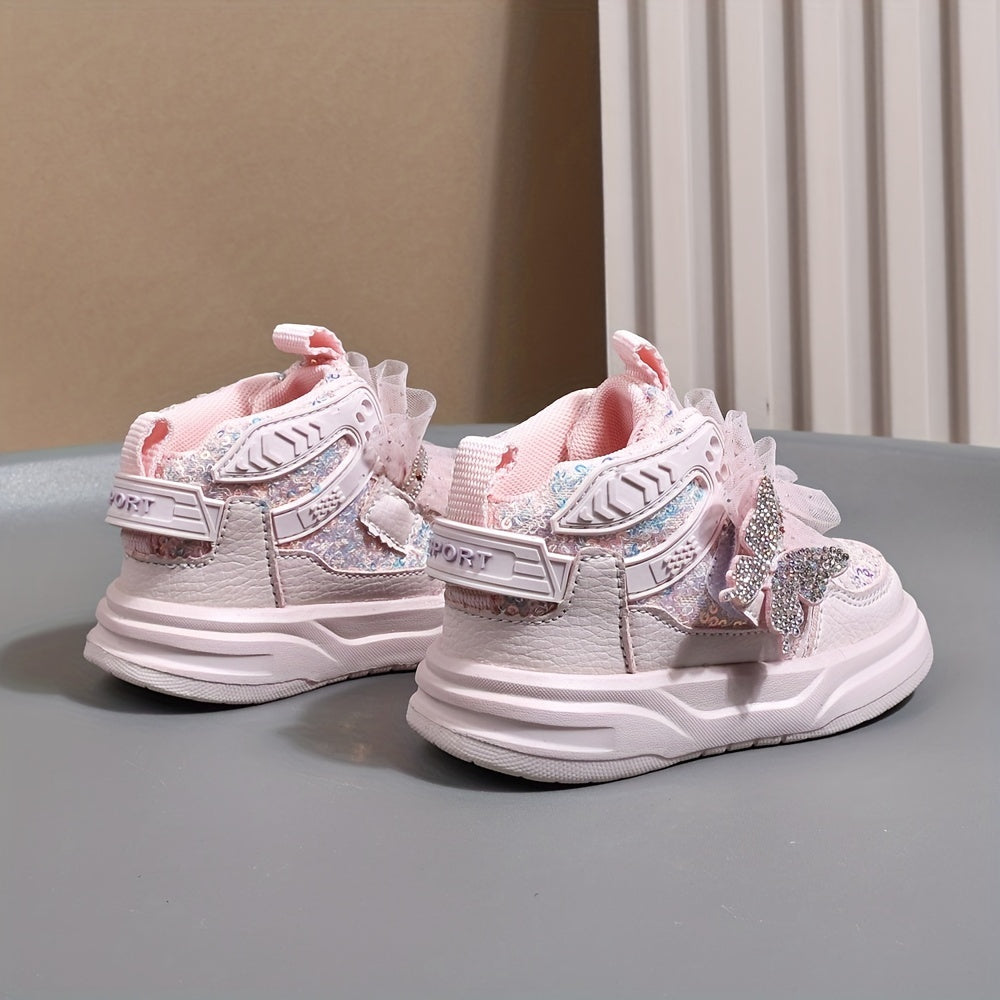Girls' Mid-Top Sequin Rhinestone Bow Sneakers Casual Street Party Shoes