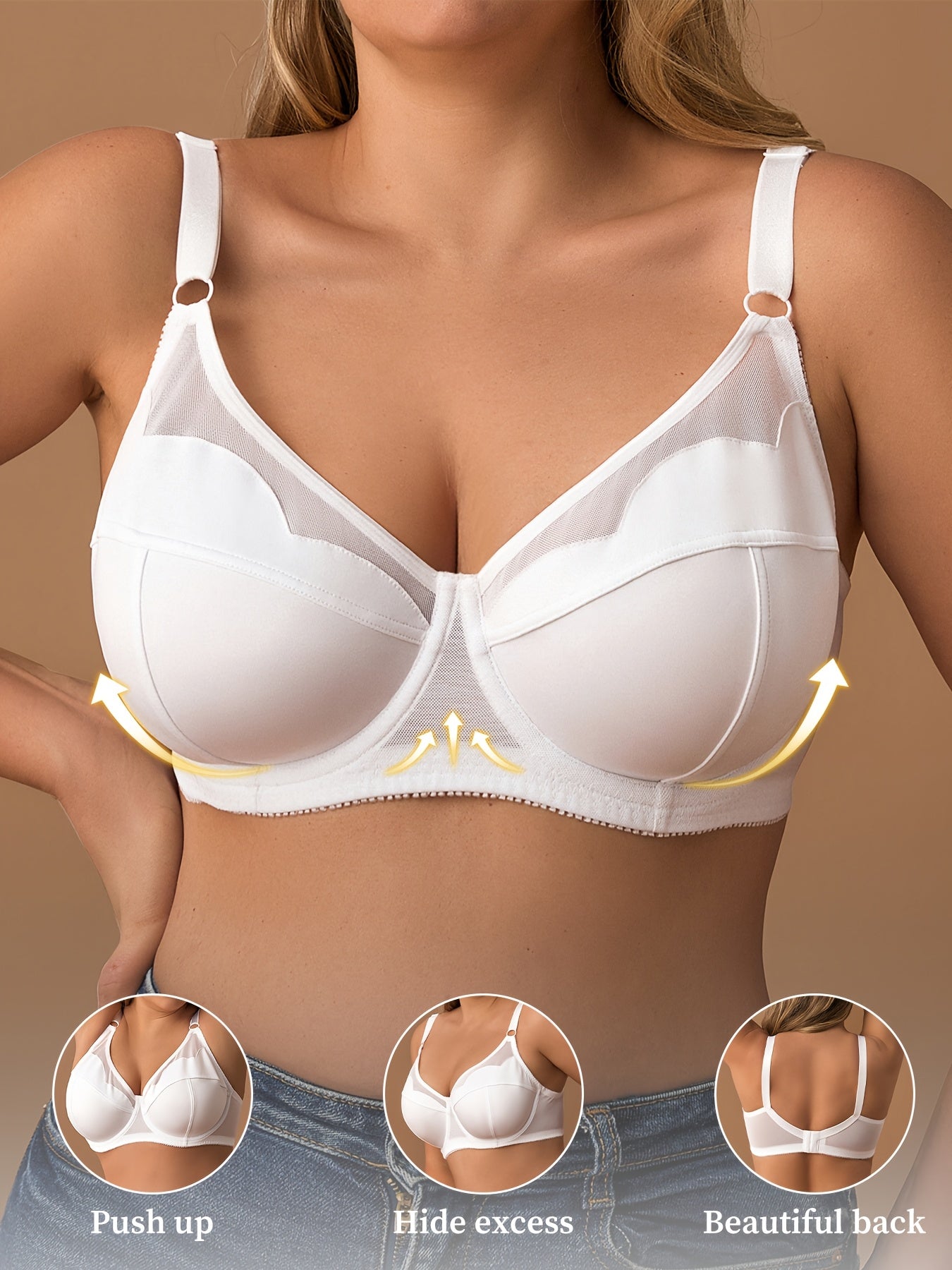 Women's Underwire Bra with Stretch Knit Fabric Mesh Detail No Padding