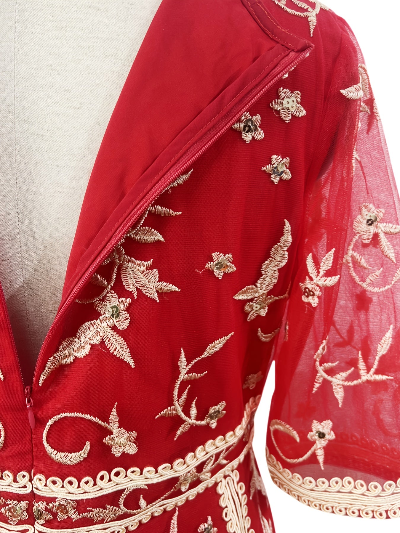 Women's Red Embroidered Sleeveless Dress with Geometric Pattern