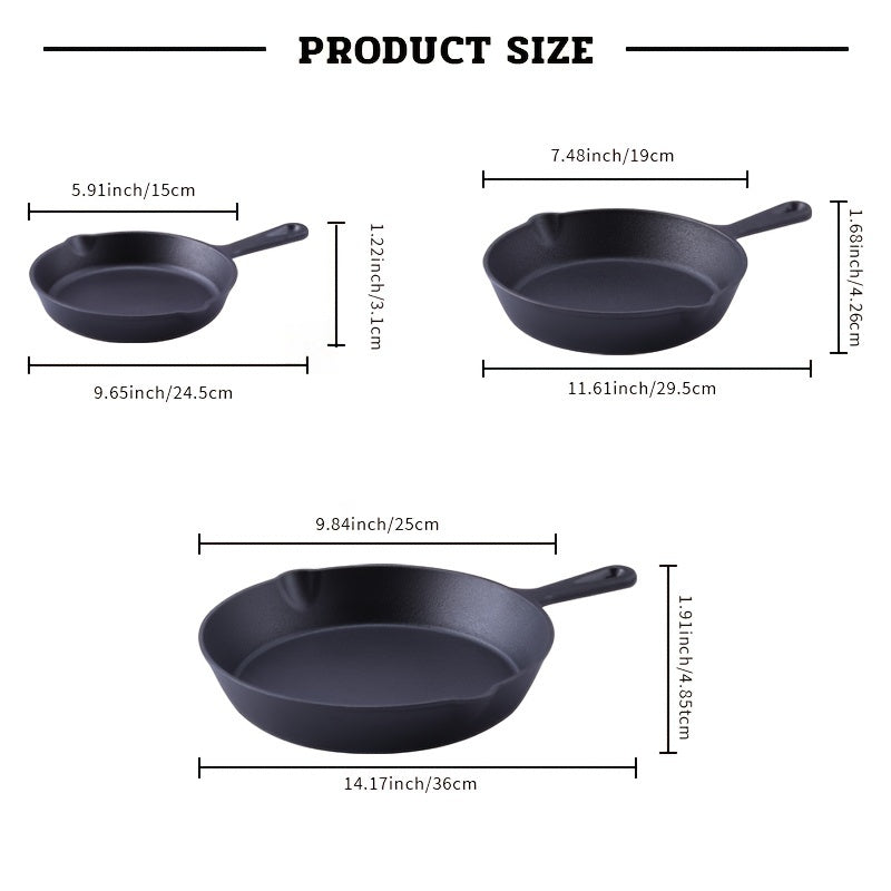 3-Piece Cast Iron Skillet Set Pre-Seasoned Dishwasher Safe for Frying and Cooking