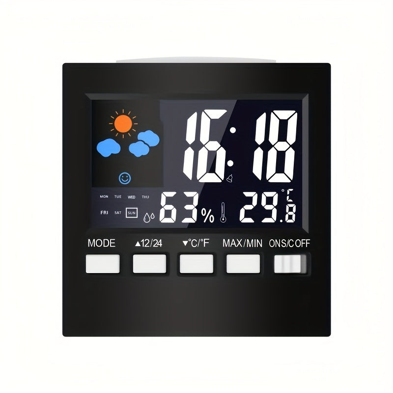 Digital Weather Station Indoor Temperature Humidity LCD Alarm Clock Calendar Voice Control Battery Powered
