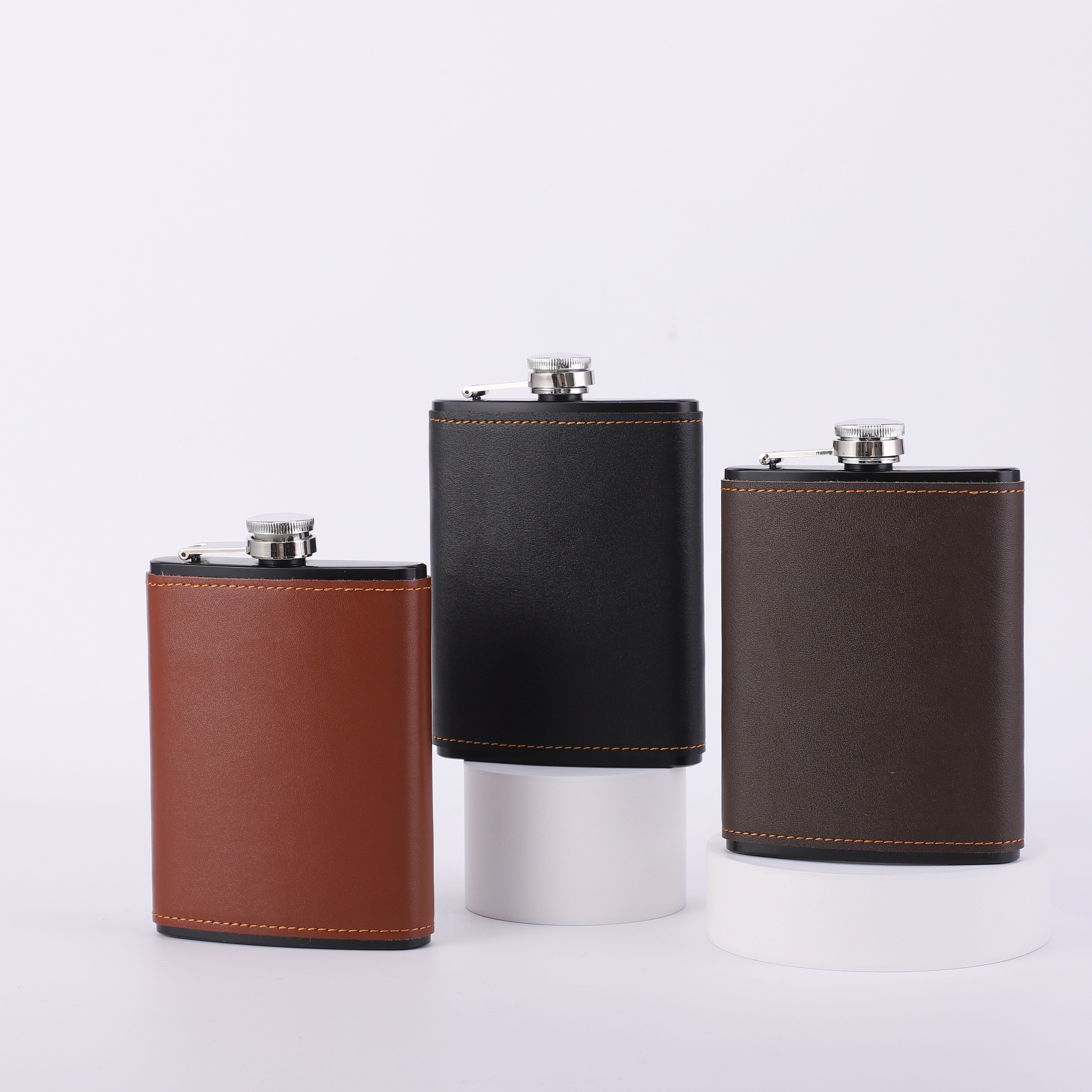 8-Ounce Stainless Steel Hip Flask with Faux Leather Case in Black or Brown